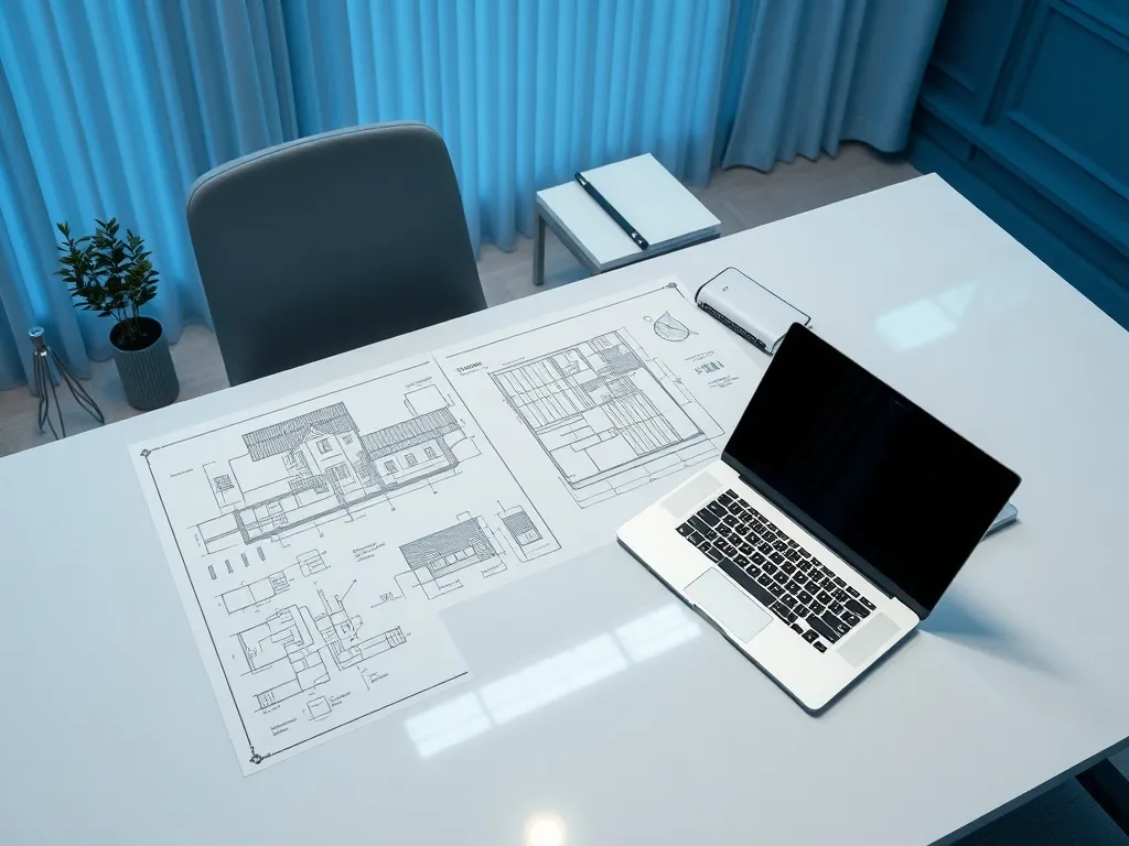 High-angle shot of a clean, modern office desk with a laptop