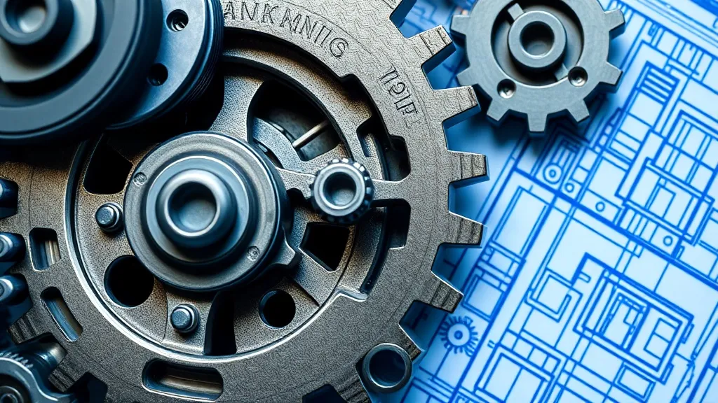 Close-up of high-tech mechanical gears and blue architectura