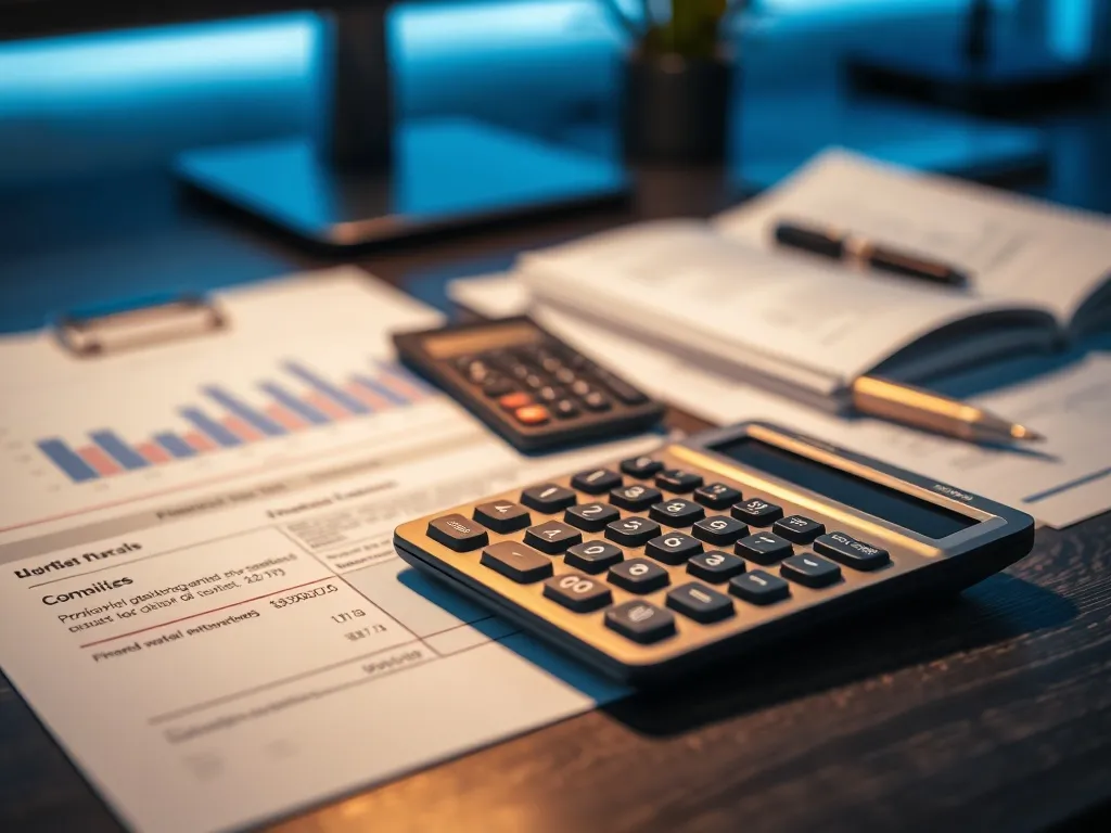 A professional photo of a calculator and financial documents